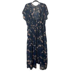 New York & Co Swim Coverup L/XL Blue Maxi Floral Sheer OverlayV-Neck Waist Tie